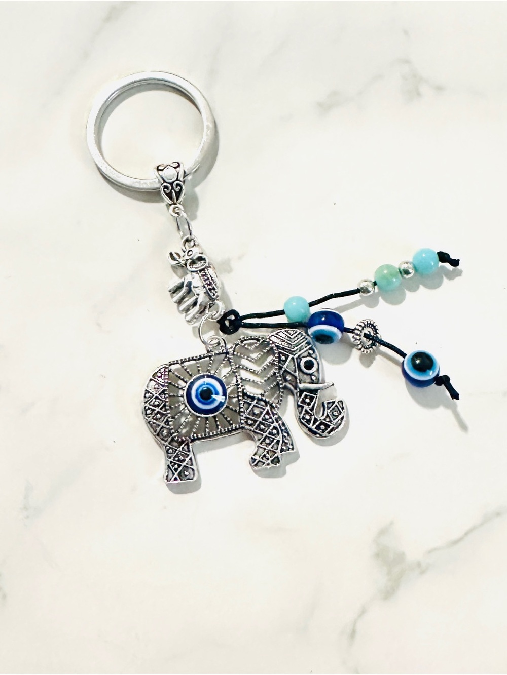 Silver Elephant Evil Eye Keychain with Aqua Beads